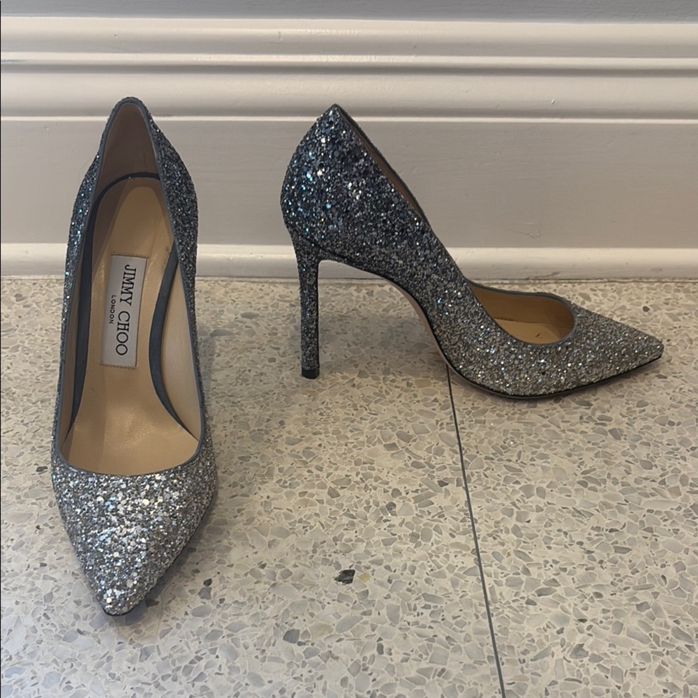 Jimmy Choo Romy 100 Bre 173 Silver/Dusk Blue worn ONCE!